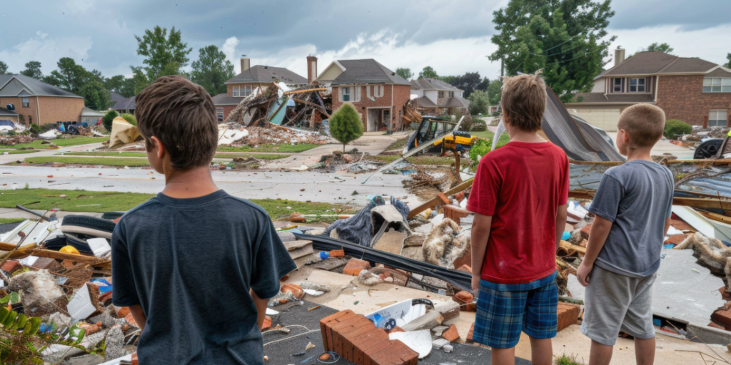 Children staring at storm debris in their neighborhood