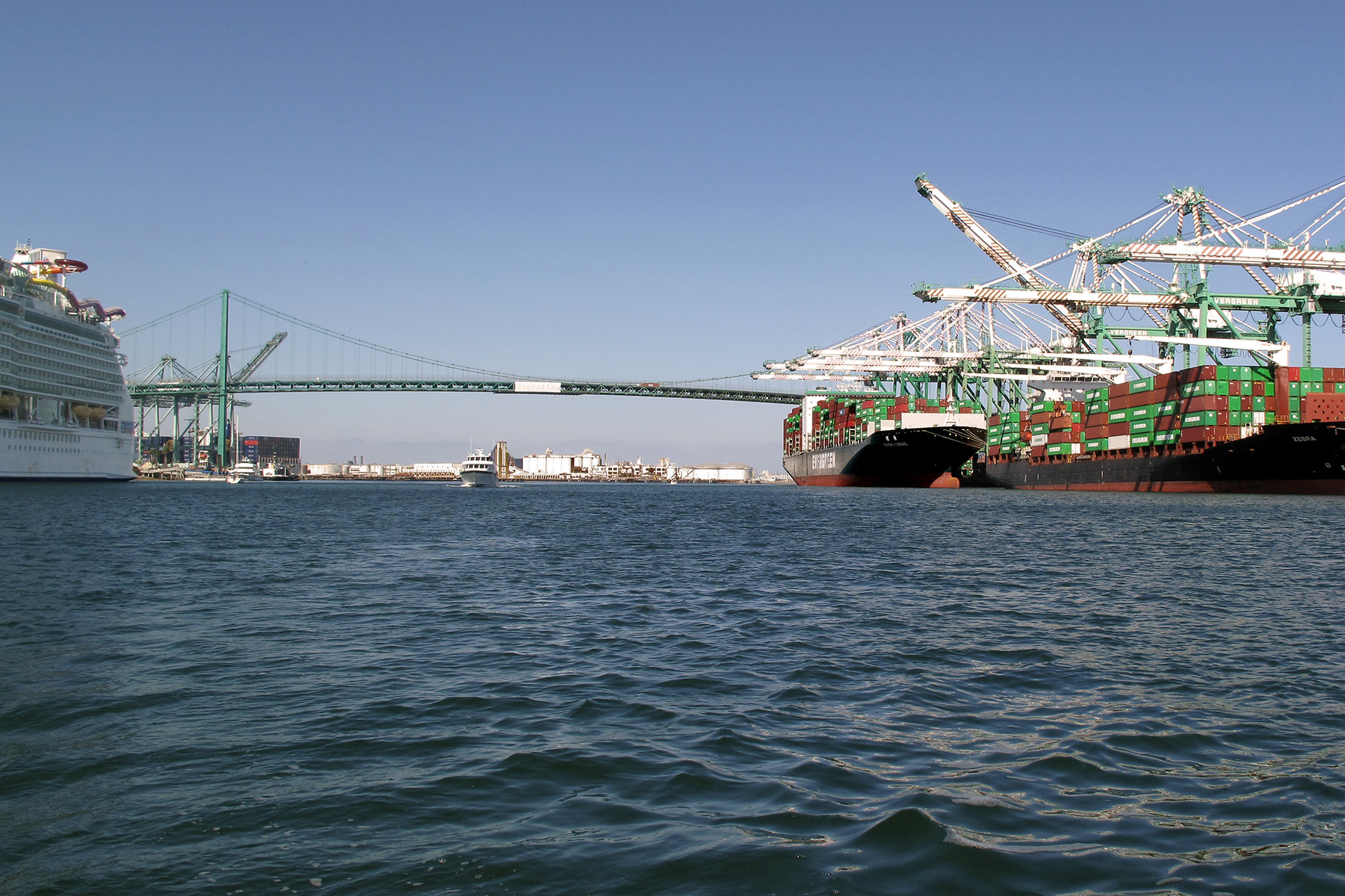 A cruise ship and a cargo ship docked at the Port of Los Angeles