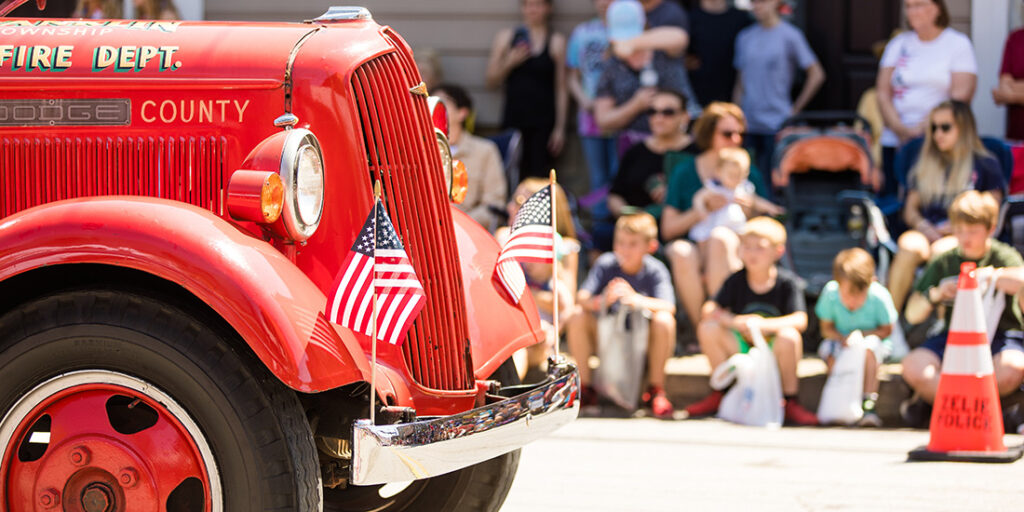 Small Town Fourth of July Parade, Vintage Firetruck with America